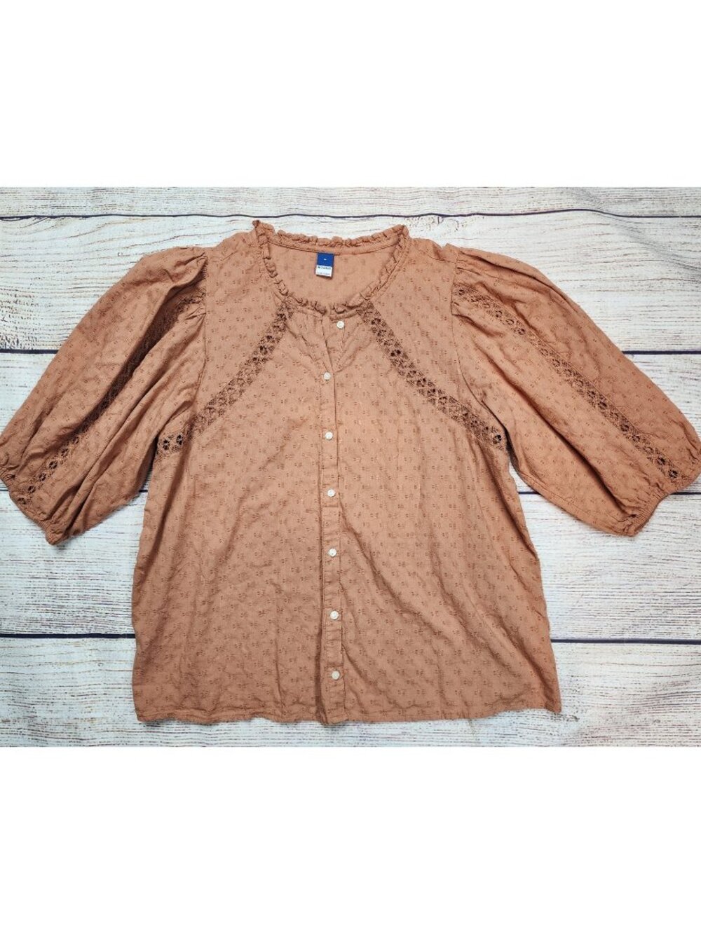 Old Navy Puff Sleeve Boho Peasant Blouse Medium Crochet Eyelets Button Front